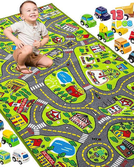 JOYIN Kids Play Rugs - 12 Pull-Back Vehicle Set - Durable Carpet Playmat Rug - City Pretend Play - Toddler Car Track Rug - LeafyLoom