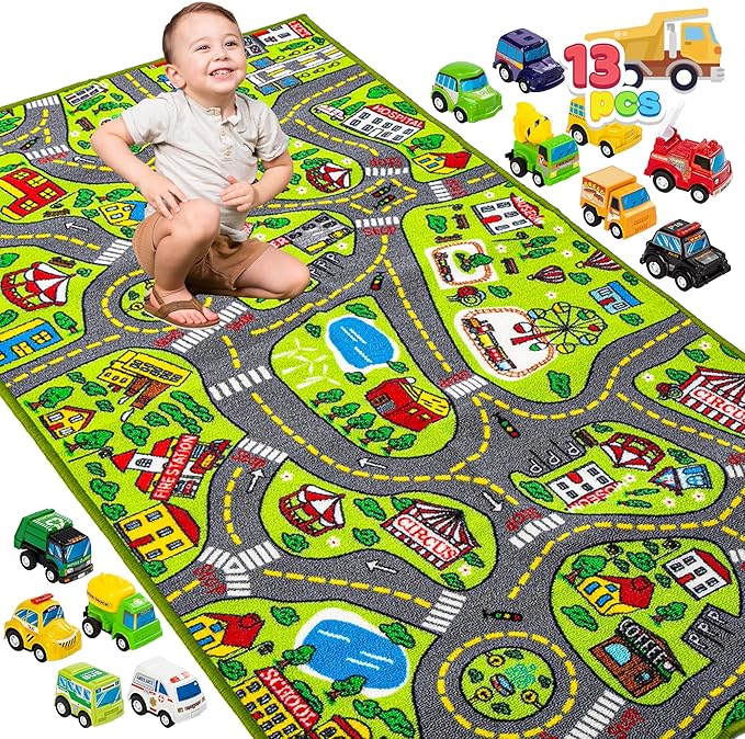 JOYIN Kids Play Rugs - 12 Pull-Back Vehicle Set - Durable Carpet Playmat Rug - City Pretend Play - Toddler Car Track Rug - LeafyLoom