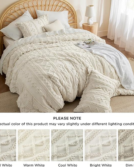 Bedsure Tufted Boho Comforter Set Full - Beige Boho Bedding Comforter Set, 3 Pieces Farmhouse Shabby Chic Embroidery Bed Set, Soft Jacquard Comforter for All Seasons - LeafyLoom