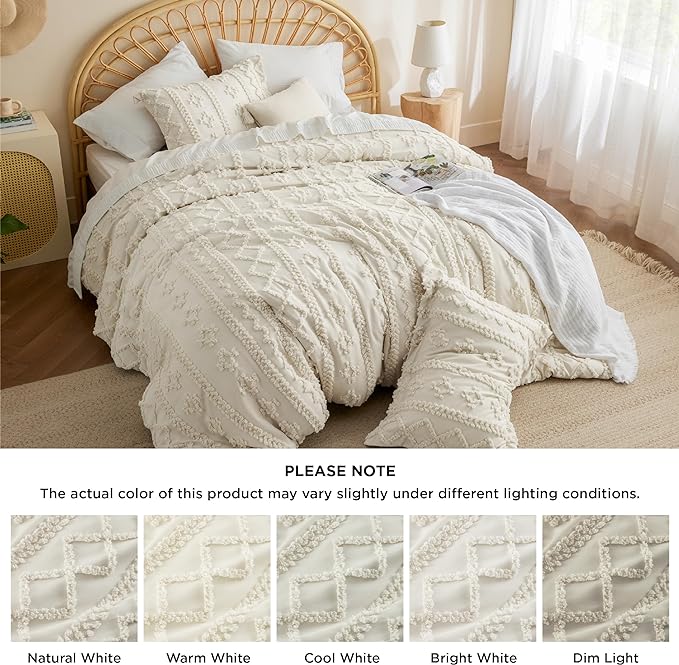 Bedsure Tufted Boho Comforter Set Full - Beige Boho Bedding Comforter Set, 3 Pieces Farmhouse Shabby Chic Embroidery Bed Set, Soft Jacquard Comforter for All Seasons - LeafyLoom