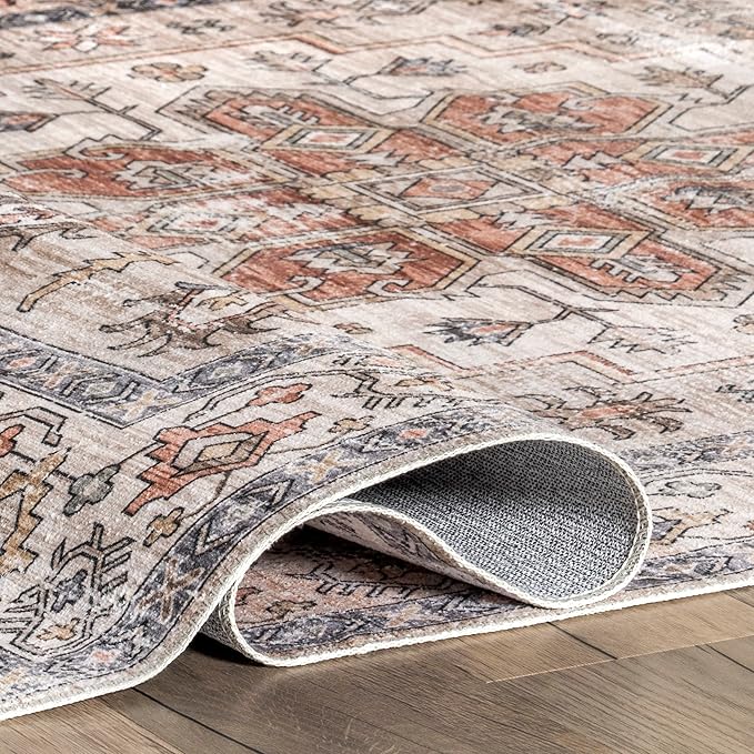 nuLOOM Dawson Machine Washable Distressed Medallion Ultra Thin Area Rug, 5' x 8', Beige - LeafyLoom