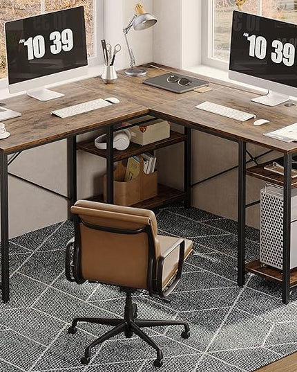 Bestier L Shaped Desk, 95.2 Inch Reversible Corner Computer Desk with Shelves, 2 Person Long Table for Home Office, Large Writing Storage Workstation with 3 Cable Holes, Rustic Brown - LeafyLoom