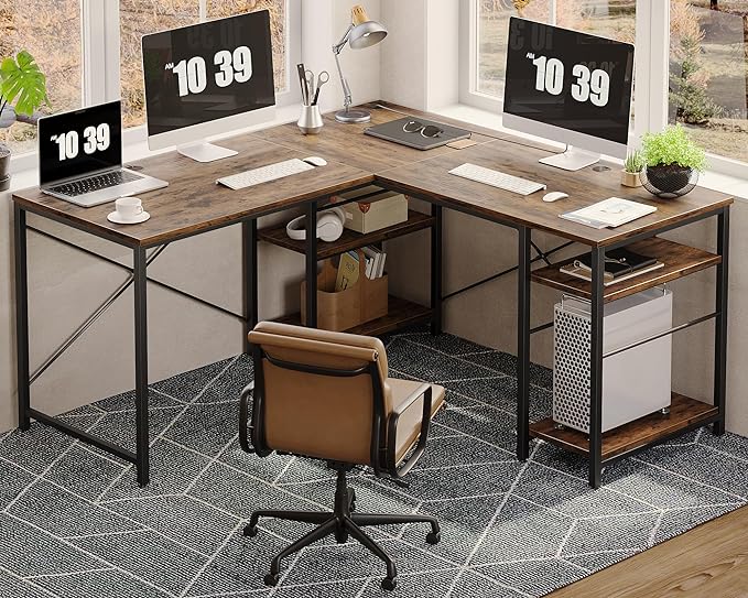 Bestier L Shaped Desk, 95.2 Inch Reversible Corner Computer Desk with Shelves, 2 Person Long Table for Home Office, Large Writing Storage Workstation with 3 Cable Holes, Rustic Brown - LeafyLoom