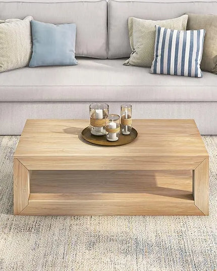 Plank+Beam Modern Rectangular Coffee Table with Shelf, Solid Wood, 48 Inch, Center Table with Storage, 2 Tier Tea Table for Living Room, Blonde Wirebrush - LeafyLoom