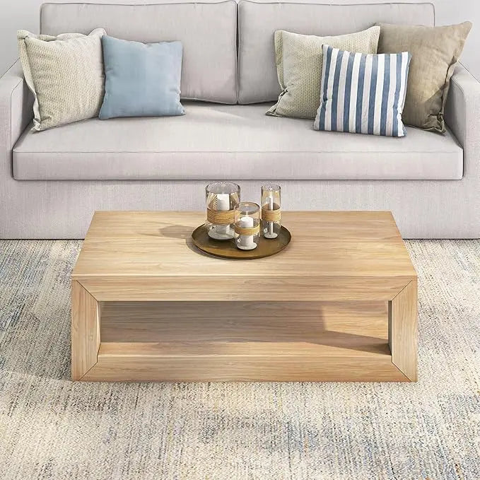 Plank+Beam Modern Rectangular Coffee Table with Shelf, Solid Wood, 48 Inch, Center Table with Storage, 2 Tier Tea Table for Living Room, Blonde Wirebrush - LeafyLoom
