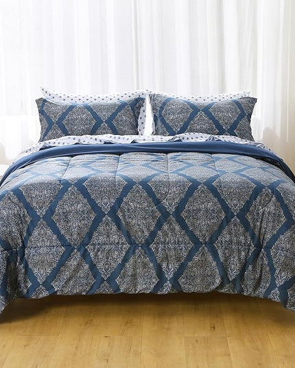 Printed Queen Bedding Sets with Comforter and Sheets, 7 Piece Bed in A Bag Comforter Set with Fluffy Microfiber, Vintage Navy Blue Plaid Paisley Pattern - LeafyLoom