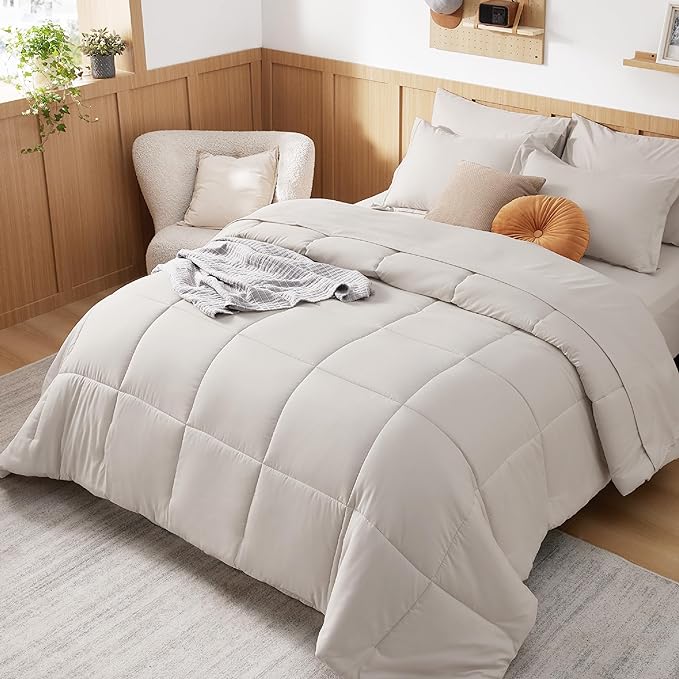 Bedsure Beige Twin Comforter Set - 5 Pieces Solid Twin Bed in a Bag, Twin Bed Set Beige with Quilted Warm Fluffy Comforters, Sheets, Pillowcase & Sham - LeafyLoom