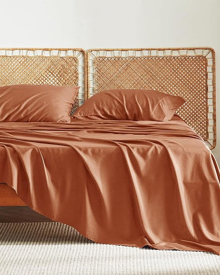 Bedsure Queen Sheets, Rayon Derived from Bamboo, Queen Cooling Sheet Set, Deep Pocket Up to 16", Breathable & Soft Bed Sheets, Hotel Luxury Silky Bedding Sheets & Pillowcases, Burnt Orange - LeafyLoom