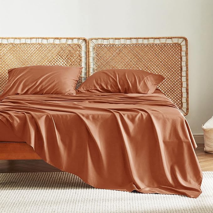 Bedsure Queen Sheets, Rayon Derived from Bamboo, Queen Cooling Sheet Set, Deep Pocket Up to 16", Breathable & Soft Bed Sheets, Hotel Luxury Silky Bedding Sheets & Pillowcases, Burnt Orange - LeafyLoom