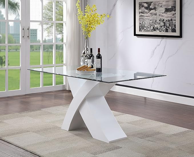 NicBex Dining Table Contemporary Kitchen Table Farmhouse Rustic Dining Table in White & Clear Glass Rectangular Dining Table, Easy Assembly, Clear + White - LeafyLoom