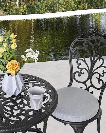 NUU GARDEN Bistro Set 3 Piece Outdoor All Weather Cast Aluminum Patio Bistro Set Patio Table and Chairs Set of 2 with Umbrella Hole and Gray Cushions for Backyard, Balcony, Lawn, Black - LeafyLoom