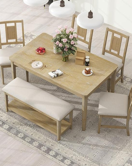 6-Piece Retro Dining Set, Minimalist Rectangular Table and 4 Upholstered Chairs & 1 Bench with a Shelf for Kitchen Living Room, Natural Wood Wash, 60" L x 43" W x 30" H - LeafyLoom