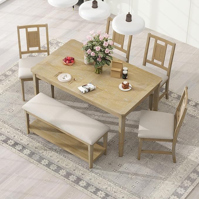 6-Piece Retro Dining Set, Minimalist Rectangular Table and 4 Upholstered Chairs & 1 Bench with a Shelf for Kitchen Living Room, Natural Wood Wash, 60" L x 43" W x 30" H - LeafyLoom