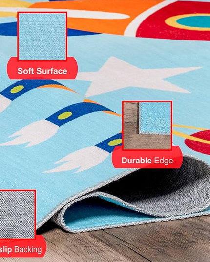 nuLOOM Eddie Outer Space Machine Washable Kids Ultra Thin Area Rug, 5' x 8', Light Blue Multi - LeafyLoom