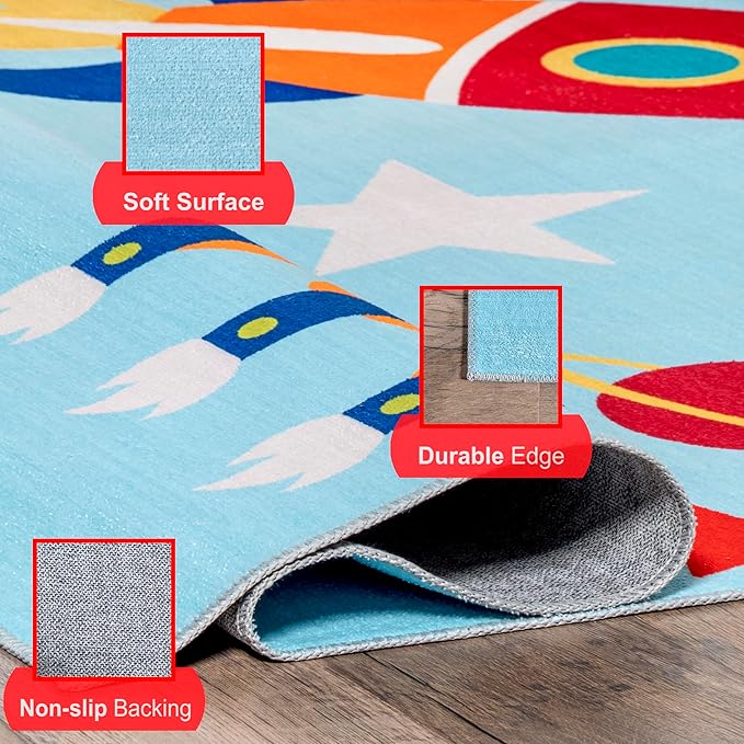 nuLOOM Eddie Outer Space Machine Washable Kids Ultra Thin Area Rug, 4' x 6', Light Blue Multi - LeafyLoom
