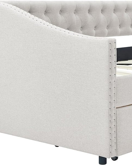 Twin Size Upholstered Daybed with Two Storage Trundle Drawers, Solid Wooden Bed Frame w/Button Tufted Backrest, No Box Spring Needed, for Kids, Bedroom, Dorm, Beige-3 - LeafyLoom