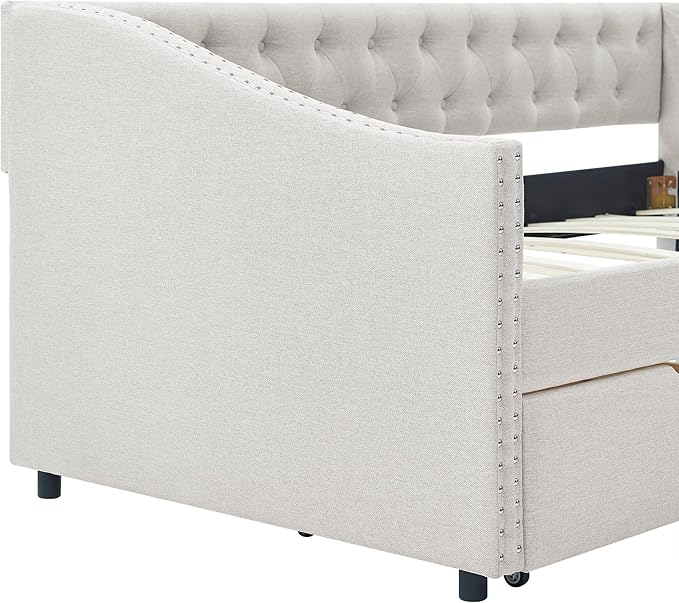 Twin Size Upholstered Daybed with Two Storage Trundle Drawers, Solid Wooden Bed Frame w/Button Tufted Backrest, No Box Spring Needed, for Kids, Bedroom, Dorm, Beige-3 - LeafyLoom