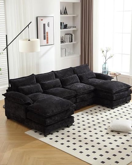 6 Seater Overstuffed Modular Sectional Sofa Cloud Couch with Double Chaise Lounge, U Shaped Chenille Upholstered Leisure Sofa&Couches with Memory Foam and Waist Pillows for Living Room Office - LeafyLoom