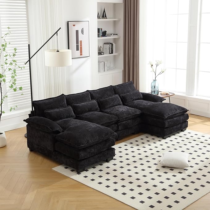 6 Seater Overstuffed Modular Sectional Sofa Cloud Couch with Double Chaise Lounge, U Shaped Chenille Upholstered Leisure Sofa&Couches with Memory Foam and Waist Pillows for Living Room Office - LeafyLoom
