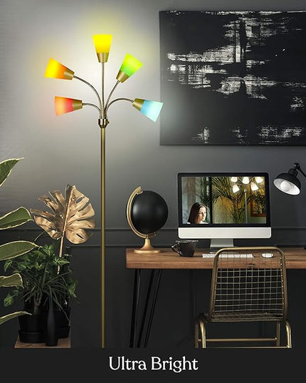Brightech Medusa Modern LED Floor Lamp – Multi Head Floor Lamp for Living Rooms & Offices – Tall Lamp with Interchangeable Shade, Standing Lamp with 5 LED Bulbs for Hobbies - Brass - LeafyLoom