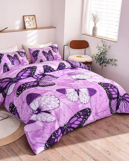 Btargot 3 Piece Purple Butterfly Girls Kids Adults Full Size Comforter Set, Lightweight Soft All Season Bedding Set with 2 Pillowcases - LeafyLoom