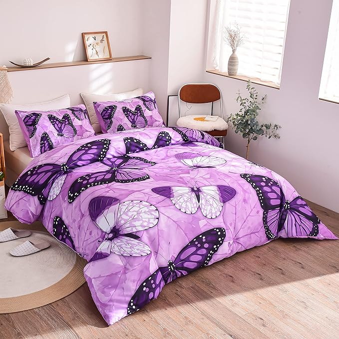 Btargot 3 Piece Purple Butterfly Girls Kids Adults Full Size Comforter Set, Lightweight Soft All Season Bedding Set with 2 Pillowcases - LeafyLoom