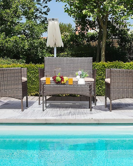 Greesum Patio Furniture 4 Pieces Conversation Sets Outdoor Wicker Rattan Chairs Garden Backyard Balcony Porch Poolside loveseat with Soft Cushion and Glass Table, Brown and Beige - LeafyLoom