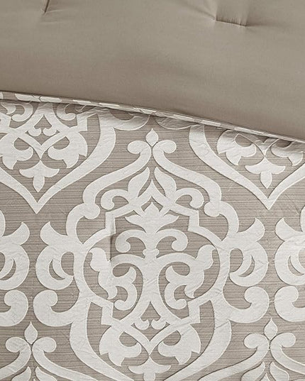 Madison Park Odette Cozy Comforter Set Jacquard Damask Medallion Design - Modern All Season, Down Alternative Bedding, Shams, Decorative Pillow, King(104 in x 92 in), Tan 8 Piece - LeafyLoom