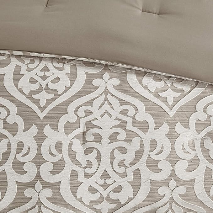 Madison Park Odette Cozy Comforter Set Jacquard Damask Medallion Design - Modern All Season, Down Alternative Bedding, Shams, Decorative Pillow, King(104 in x 92 in), Tan 8 Piece - LeafyLoom