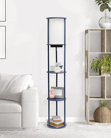 Simple Designs LF2010-NAV 62.5" Round Modern Shelf Etagere Organizer Storage Floor Lamp with 2 USB Charging Ports, 1 Charging Outlet and Linen Shade for Living Room Bedroom Office, Navy - LeafyLoom