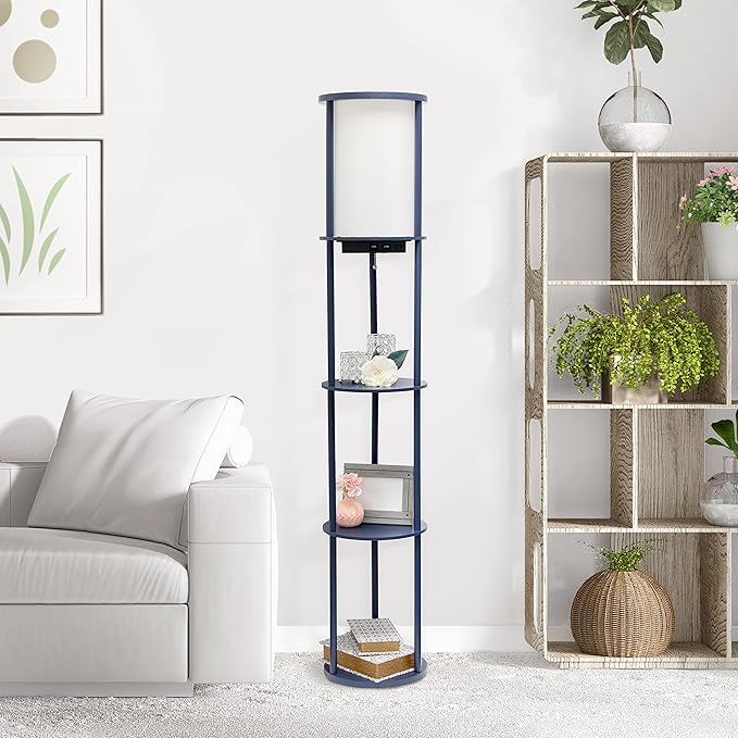 Simple Designs LF2010-NAV 62.5" Round Modern Shelf Etagere Organizer Storage Floor Lamp with 2 USB Charging Ports, 1 Charging Outlet and Linen Shade for Living Room Bedroom Office, Navy - LeafyLoom