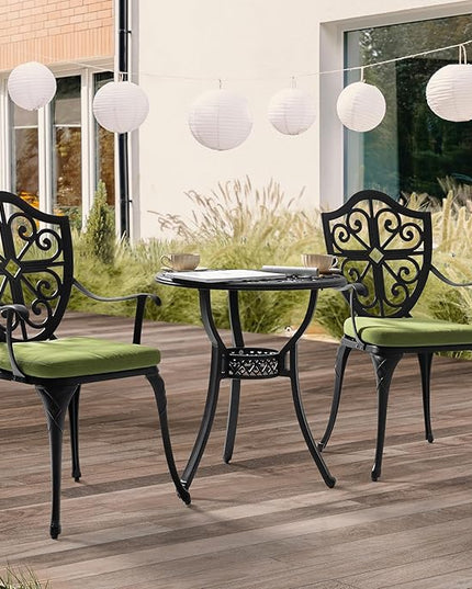NUU GARDEN 3 Piece Outdoor Bistro Set Cast Aluminum Patio Set Bistro Table Set Rustproof Patio Table and Chairs with Umbrella Hole and Green Cushions for Backyard, Balcony, Porch, Black - LeafyLoom