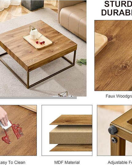 31.5'' Modern Rectangular Coffee Table with Textured Wood Tabletop for Living Room with Metal Legs Frame Natural Wood Coffee Table - LeafyLoom