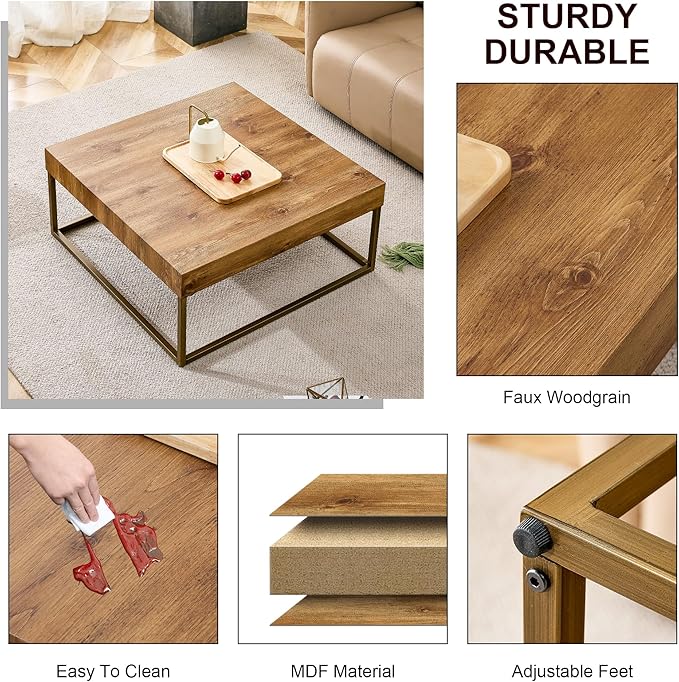 31.5'' Modern Rectangular Coffee Table with Textured Wood Tabletop for Living Room with Metal Legs Frame Natural Wood Coffee Table - LeafyLoom