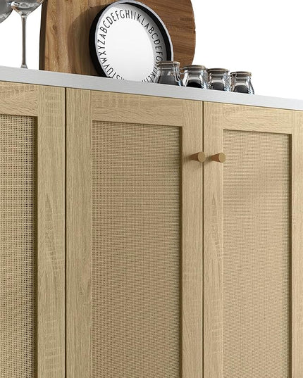 Panana Sideboard Accent Storage Cabinet with Rattan Decorated 4 Doors Dining Room Freestanding Kitchen Buffet Table Cupboard (White) - LeafyLoom