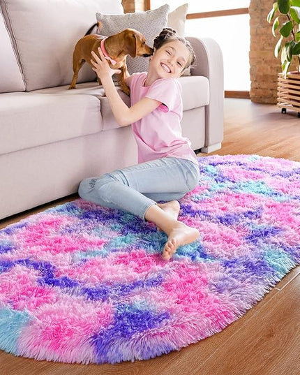 Noahas Oval Fluffy Hot Pink Rainbow Rug 2.6X5.3 Small Kids Rugs for Bedroom Girls Aesthetic,Bedside Bedroom Rug,Ultra Soft Runner Carpet Modern Shaggy Nursery Area Rugs Home Decor - LeafyLoom