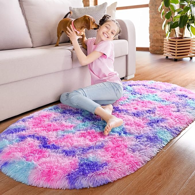 Noahas Oval Fluffy Hot Pink Rainbow Rug 2.6X5.3 Small Kids Rugs for Bedroom Girls Aesthetic,Bedside Bedroom Rug,Ultra Soft Runner Carpet Modern Shaggy Nursery Area Rugs Home Decor - LeafyLoom