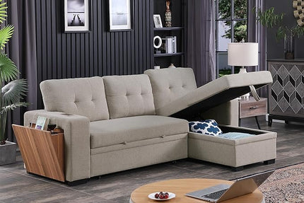 92" L-Shape Sectional Sofa with Storage Chaise Pull-out bed, Linen Tufted Upholstery Corner Couch W/Side Open Cup Holder for Living Room, Apartment,Office,Home Furniture Sets,Light Gray - LeafyLoom