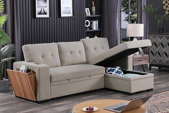 92" L-Shape Sectional Sofa with Storage Chaise Pull-out bed, Linen Tufted Upholstery Corner Couch W/Side Open Cup Holder for Living Room, Apartment,Office,Home Furniture Sets,Light Gray - LeafyLoom