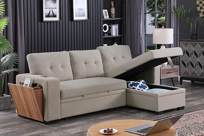 L Shaped Sectional Sofa Storage Chaise, Upholstered Convertible Couch Pull Out Sleeper Bed, Armrest with Hidden Shelves, USB Port & Cup Holder for Living Room Apartment, Light Gray, 92 - LeafyLoom
