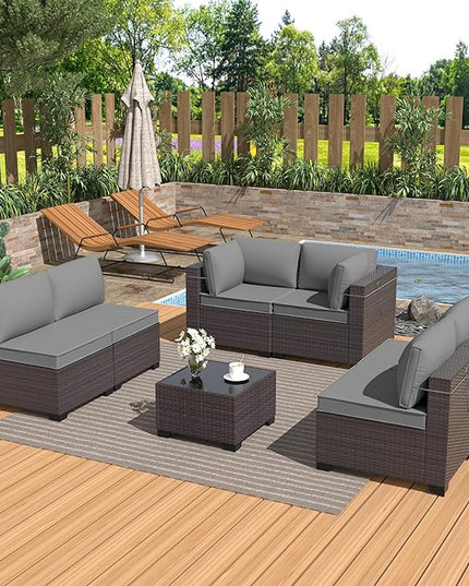 Outdoor Furniture Set 7PCS Patio Furniture for Backyard Wicker Sectional Sofa Set 6 Seats, PE Rattan Outdoor Conversation Set with Thickened Cushions and Glass Coffee Table, Grey - LeafyLoom
