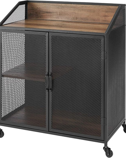 Walker Edison Malcomb Urban Industrial Metal Mesh Double Door Rolling Bar Cabinet, 33 Inch, Rustic Oak - LeafyLoom