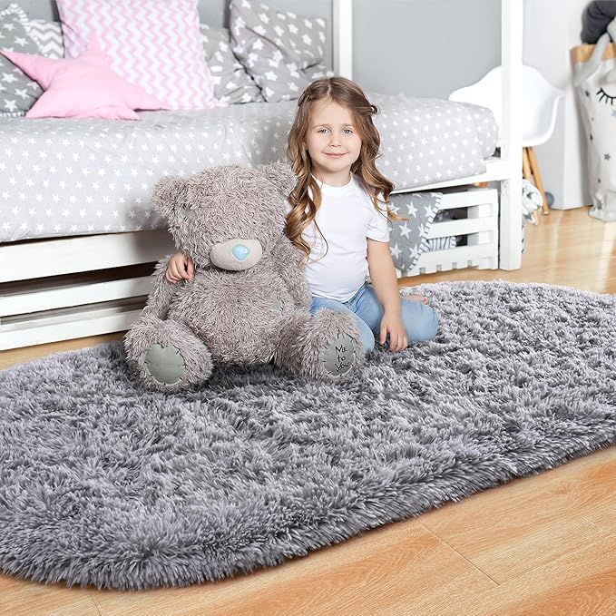 Noahas Grey Fluffy Rugs for Bedroom,2'X 5' Oval Ultra Soft Bedroom Rugs,Small Throw Rugs, Kids Room Carpet Modern Shaggy Area Rugs Home Decor - LeafyLoom