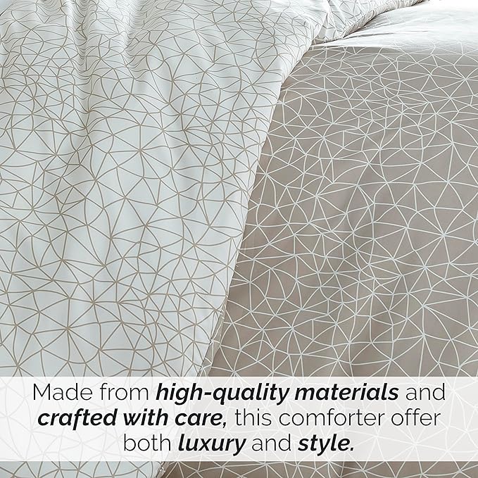 Southshore Fine Living, Inc. Twin Size Comforter Set with Pillow Sham, Reversible Geometric Print is 2 Colors in 1 - Alternative Down Comforter Twin/Twin XL, Soft Microfiber, Taupe & White - LeafyLoom