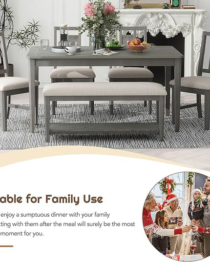 60 Inch Dining Table Set for 6, Minimalist Dining Table and 4 Upholstered Chairs & 1 Bench with a Shelf, Dining Room Table Set for Kitchen, Living Room, Grey - LeafyLoom
