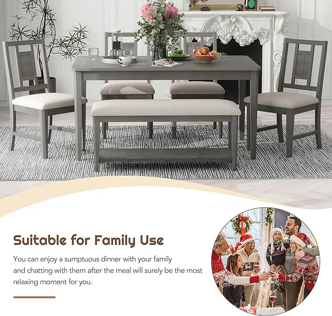 6-Piece Retro Dining Set, Minimalist Rectangular Table and 4 Upholstered Chairs & 1 Bench with a Shelf for Kitchen Living Room, Dark Gray, 60" L x 43" W x 30" H - LeafyLoom