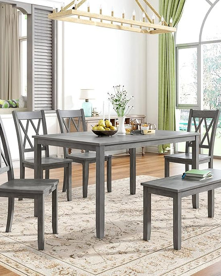 6-Piece Wood Rectangle Dining Table Set with Bench and 4 Cross Back Chairs for Kitchen Living Room, Farmhouse Rustic, Antique Graywash, 54" L x 36" W x 30" H - LeafyLoom