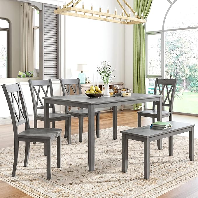 6-Piece Wood Rectangle Dining Table Set with Bench and 4 Cross Back Chairs for Kitchen Living Room, Farmhouse Rustic, Antique Graywash, 54" L x 36" W x 30" H - LeafyLoom