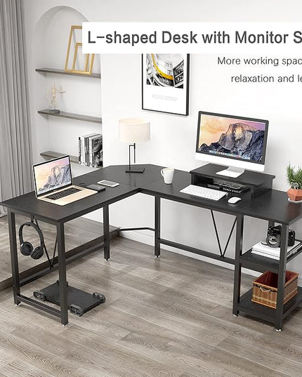 Computer desk, L-shaped Corner Desk with 2-Layer Storage,Large PC Laptop Table with Monitor Stand and CPU Stand,Gaming Desk Writing Table for Office Home (Black Carbon Fiber) - LeafyLoom