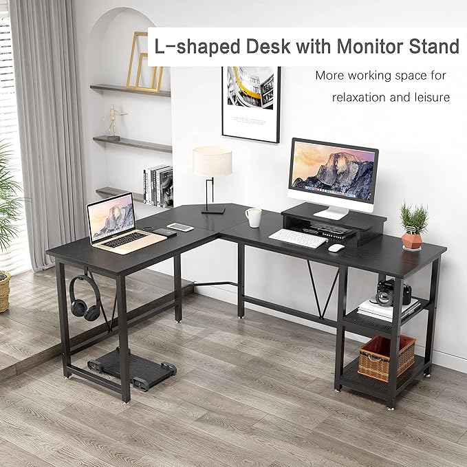 Computer desk, L-shaped Corner Desk with 2-Layer Storage,Large PC Laptop Table with Monitor Stand and CPU Stand,Gaming Desk Writing Table for Office Home (Black Carbon Fiber) - LeafyLoom